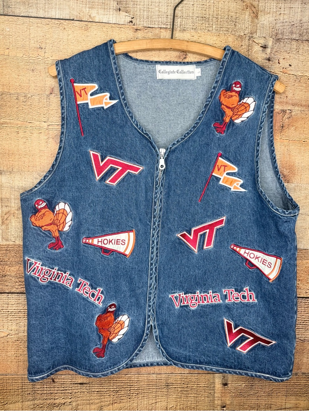 Virginia Tech Hokies Football Denim Vest Embroidered Collegiate Collection Vtg